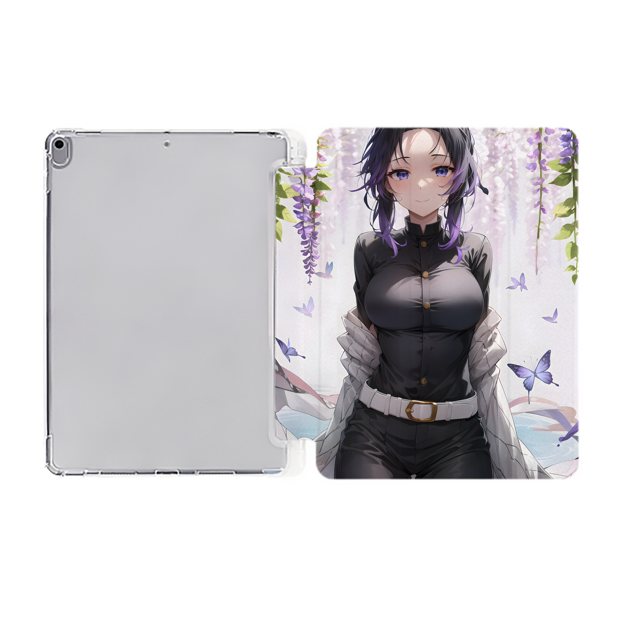 （画像用） 鬼滅の刃（きめつのやいば）蟲柱-胡蝶 しのぶ／こちょう しのぶ Kochou Shinobu IPad ケース ペン収納付き 三つ折りスタンド PUレザー×シリコン 対応機種9.5/10.5/10.9インチ